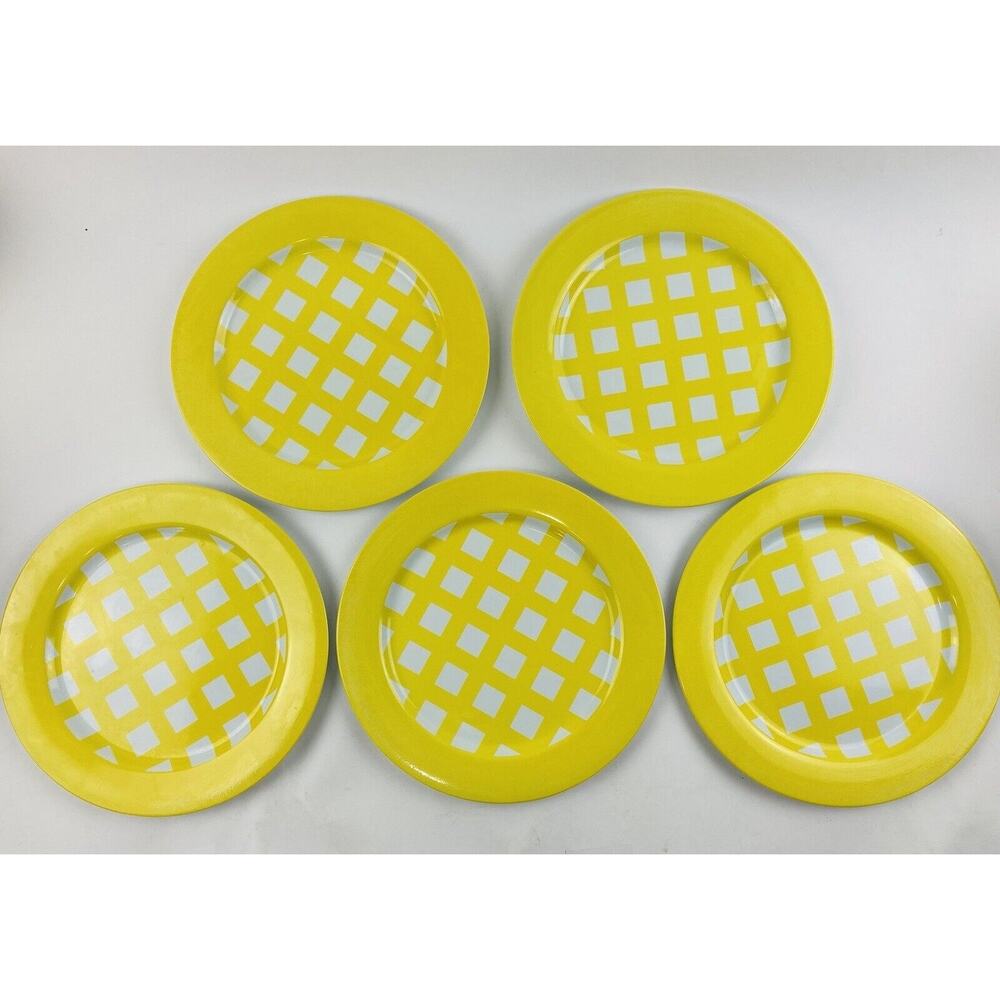 Set 5 CITRUS GROVE Melamine Ware Dinner Plates Yellow Checkered Block Cottagecor